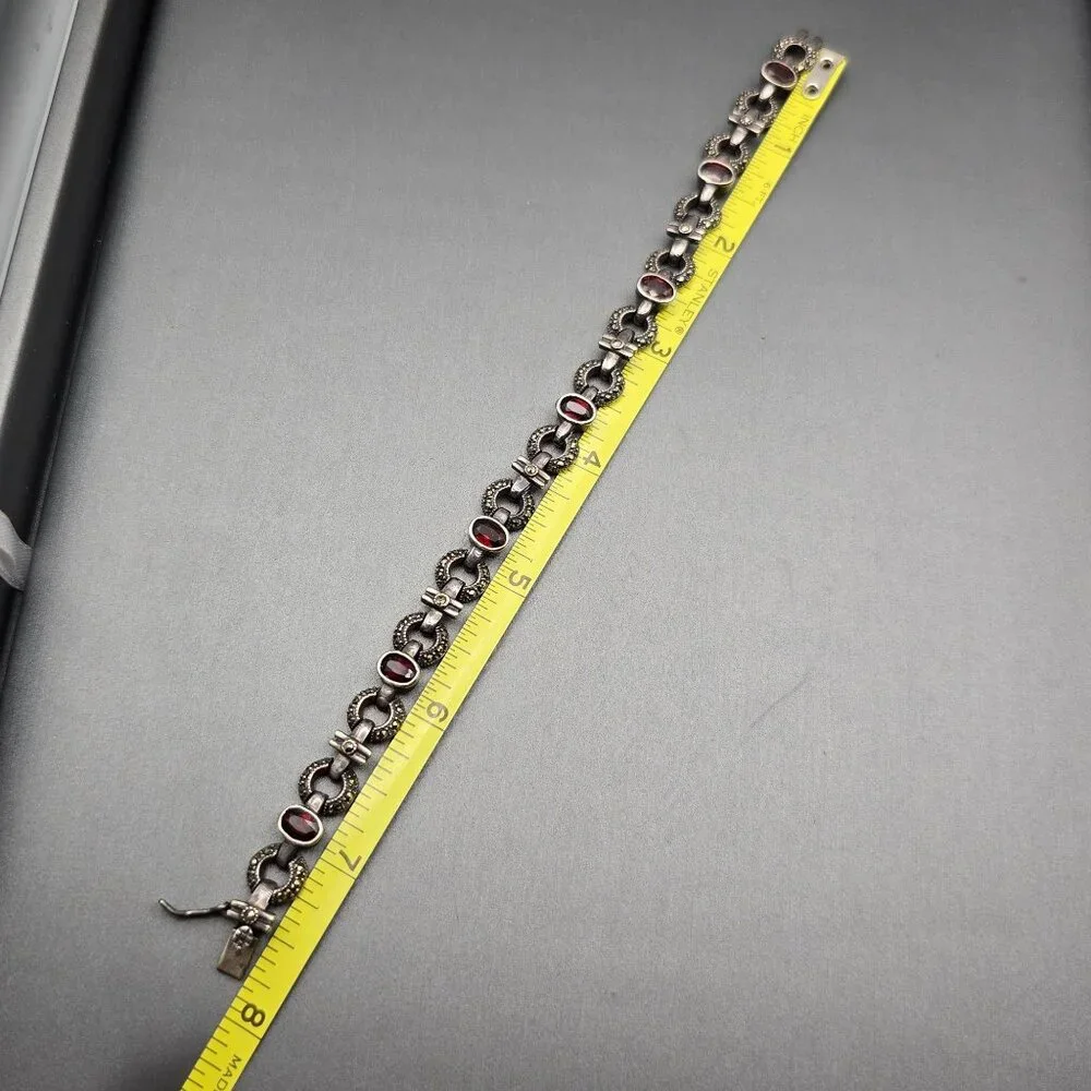 VTG Sterling Silver Garnet & Marcasite Link Bracelet 7.5" RF Hallmark Box Clasp - Picture 10 of 14